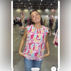 New- Multicolor Wool Dobby Shirred Neck Ruffled Sleeveless Top, Medium
